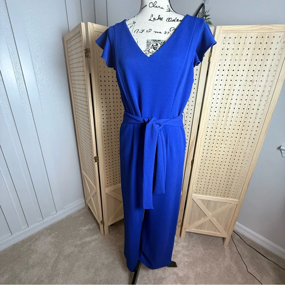 Tahari Royal Blue Textured Midi Dress Size 10 Flutter Sleeve Belted Career - Picture 3 of 11